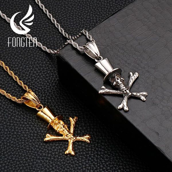 

pendant necklaces fongten hip hop viking necklace chain choker stainless steel skeleton with hat for men goth jewelry, Silver