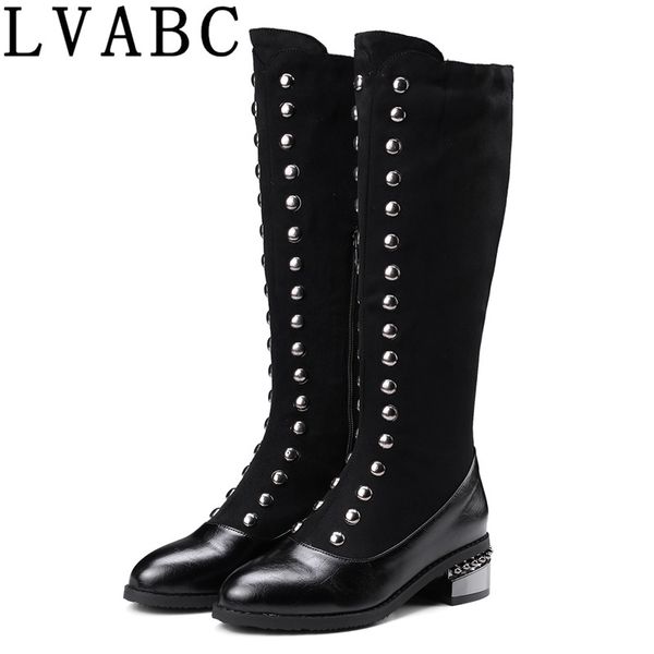 

2020 fashion women riding boots chunky low heel knee high boots buckle side zipper up winter shoes rivets plus size 32-48, Black