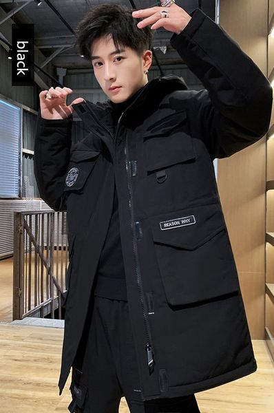 

selling 2020 winter new mens down jacket european american tooling hooded down jacket trend mid-length solid color loose thick men coat, Black