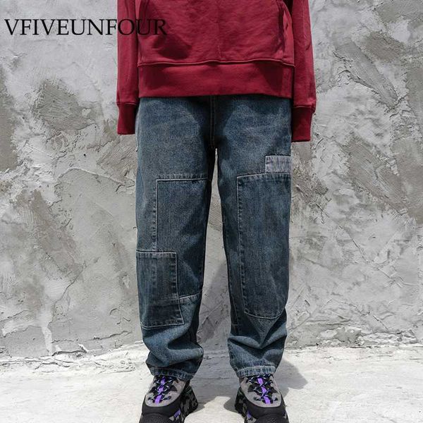 

men's jeans vfive unfour block patchwork cargo jogger loose denim streetwear mens hip hop harajuku casual hipster trousers, Blue