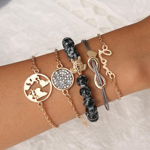 

5 pcs/ set bohemian turtle charms bracelets for women fashion gold color map heart letter love beaded bracelet sets jewelry, Golden;silver