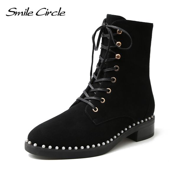 

smile circle ankle boots women short boots ladies shoes genuine leather fashion pearl decoration autumn black
