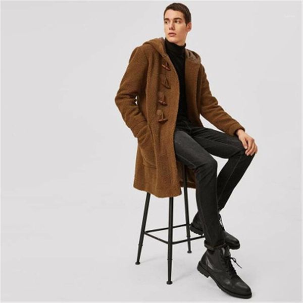 

casual horn button outerwear jacket designer male hooded casual plush coat man double sided fleece coats fashion trend long sleeve, Black;brown