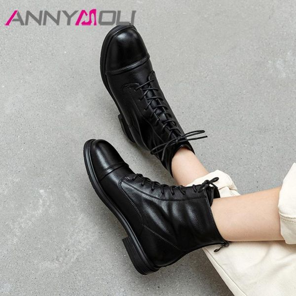 

annymoli woman boots med heel ankle boots lace up block heel short zip round toe ladies shoes autumn winter black size 40