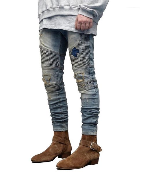 

pantalones mens dessigner jeans slim fit biker jeans ripped draped designer holes hiphop denim pencil pants, Blue