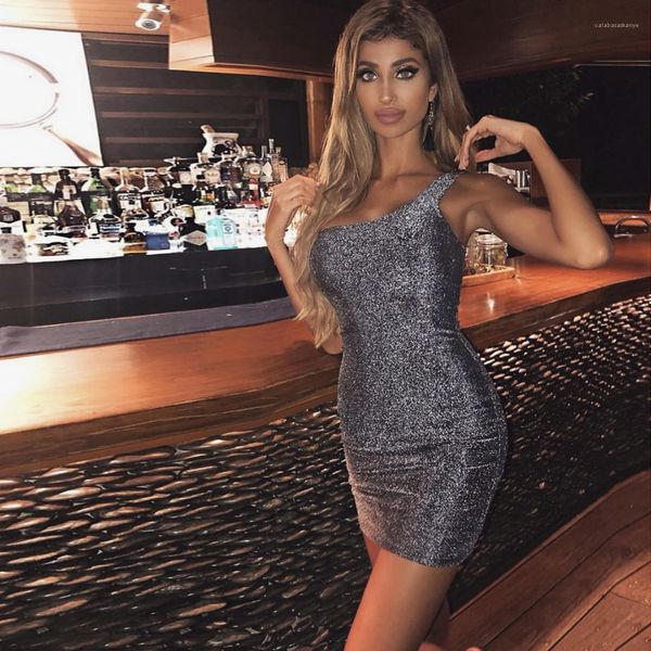 

shinny tank sequined sparkle sleeveless bodycon evening party clubwear slim short mini dress women one shoulder, Black;gray
