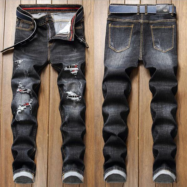 

men's jeans fashion men skinny denim pant slim fit rip long, Blue