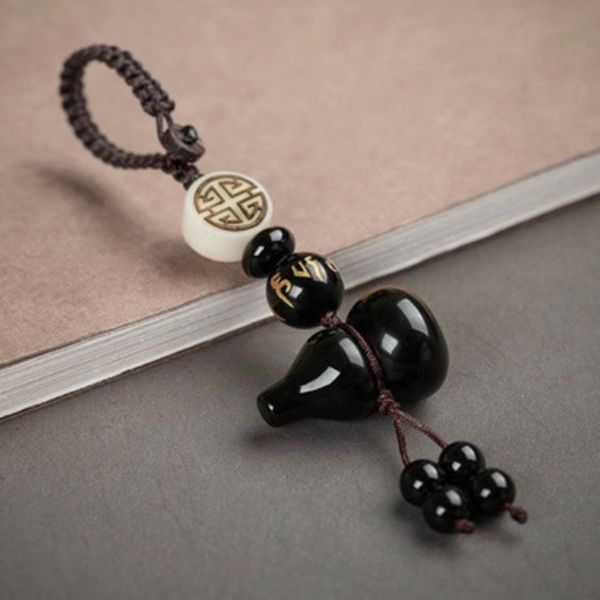 

wholesale 5 pcs handmade weave black obsidian stone gourd key chain white agate peas ethnic style jewelry, Slivery;golden