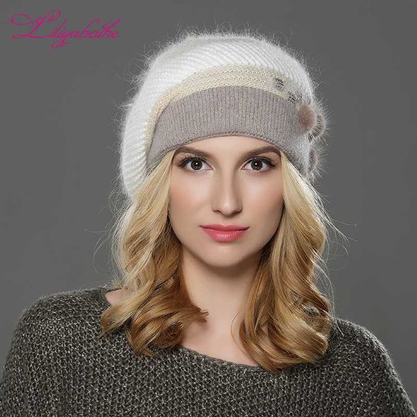 

liliyabaihe new зима женщина берет вязаной шерсти ангора берет лоскутных стильный норка цветок украшение шапка двойная теплая шапка, Blue;gray