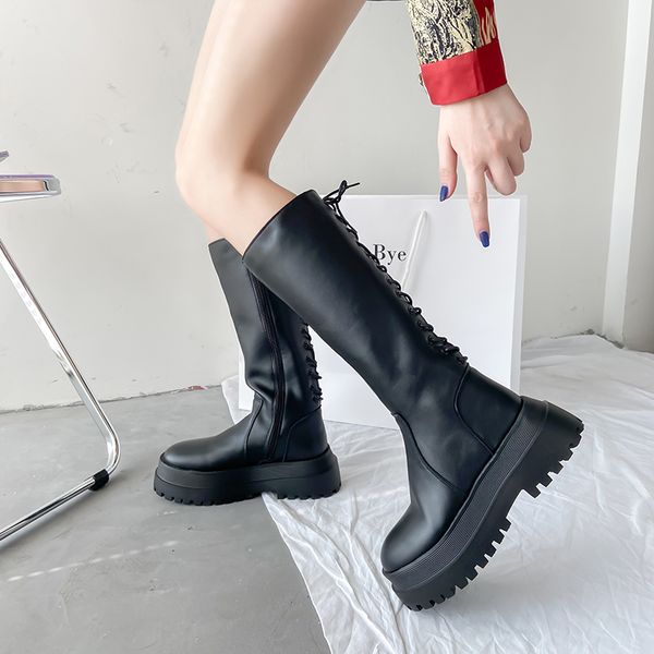 

lolita boots rock shoes woman round toe booties ladies boots-women flat heel luxury designer lace up thigh high heels high, Black