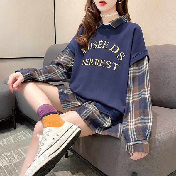 

fake two-piece women's sweater fashionable autumn clothing 2020 coat sweater coatnew korean style loose spring and autumn thin ins fash, Black