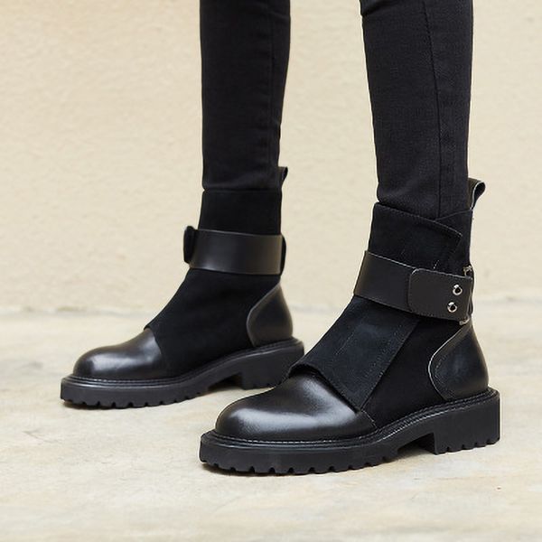 

big size shoes woman low heels booties winter boots lady luxury designer round toe leather booties boots-women large, Black