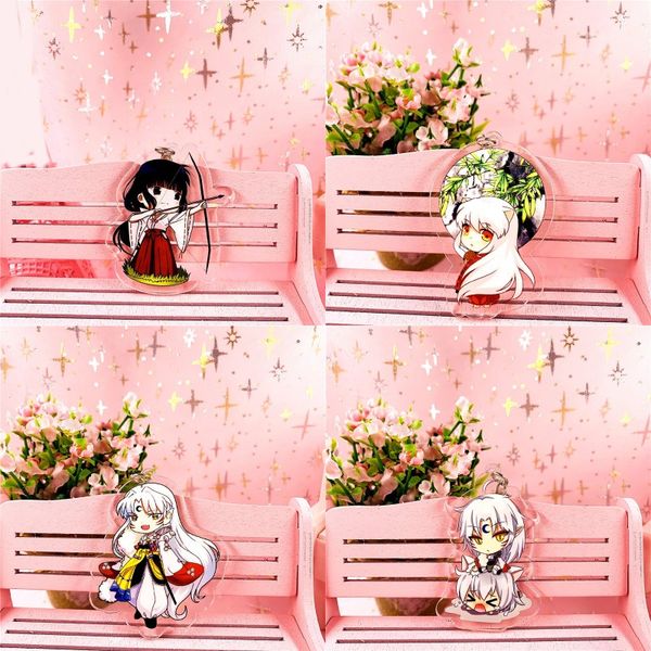 

4pcs anime higurashi kagome cartoon pendant inuyasha printed acrylic keychain cosplay prop decor for women men keyring gift, Silver