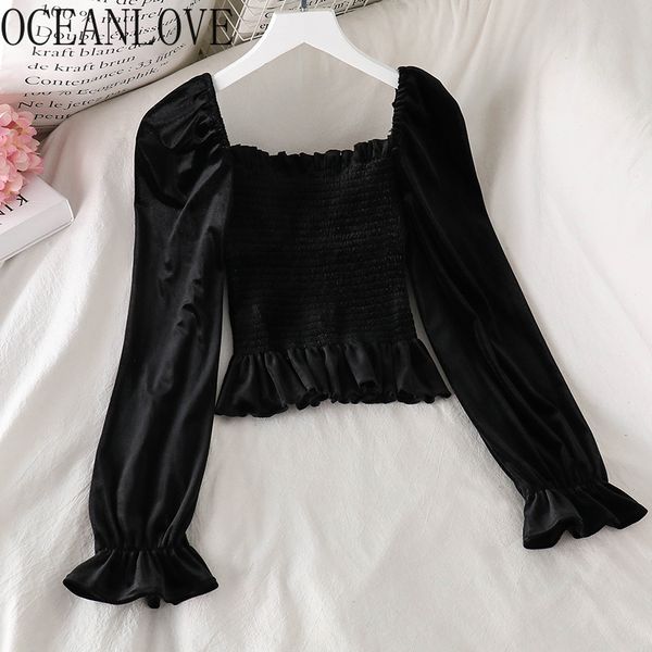 

oceanlove short shirts women solid velour ruffles elegant vintage blouses black autumn 2020 slim blusas mujer 17985, White