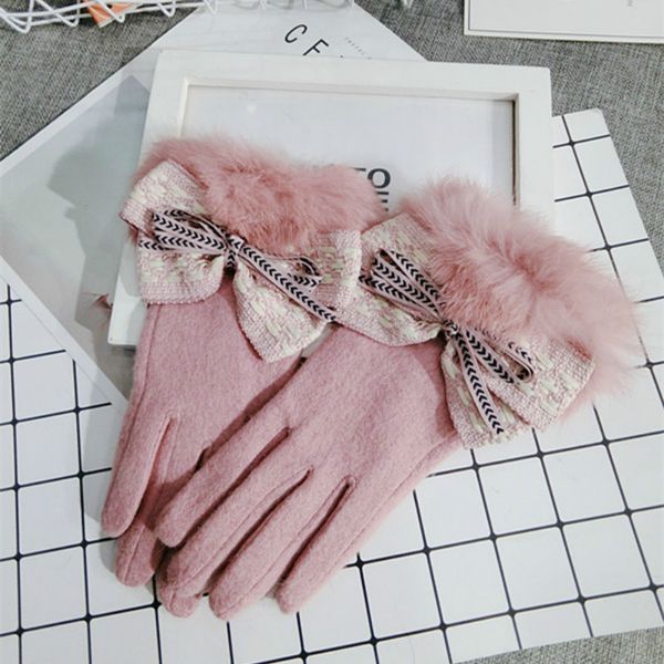 

new korean touch screen pink gloves wool bow warm cashmere knitted women spring winter gloves thick mittens, Blue;gray