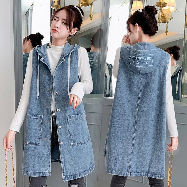 

women's vests sleeveless spring autumn mid-length windbreaker loose wild hooded denim vest large size waistcoat jeans shirt r203, Black;white