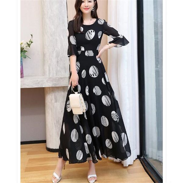 

casual dresses 2021 korean version of the summer style big swing chiffon wave point flared sleeves slim was thin o-neck dress, Black;gray