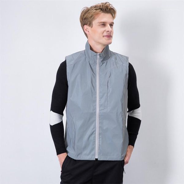 

clothing mens reflection lapel neck vests sleeveless casual mens zipper outerwear with pockets male solid color, Black;white