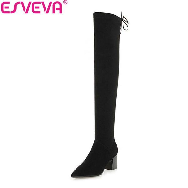 

boots esveva 2021 women square high heels pointed toe shoes woman over the knee solid zipper winter long size 34-43, Black