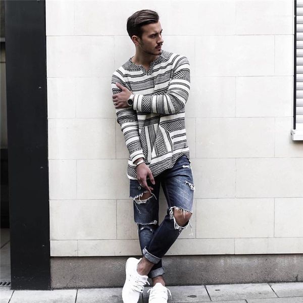 

neck tshirts fashion mens tees street style mens designer tshirts casual striped printed loose long sleeved v, White;black