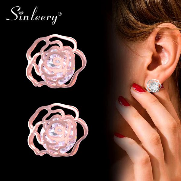 

sinleery romantic rose flower earrings women rose gold silver color crystal inside stud earring jewelry es822 ssa, Golden;silver