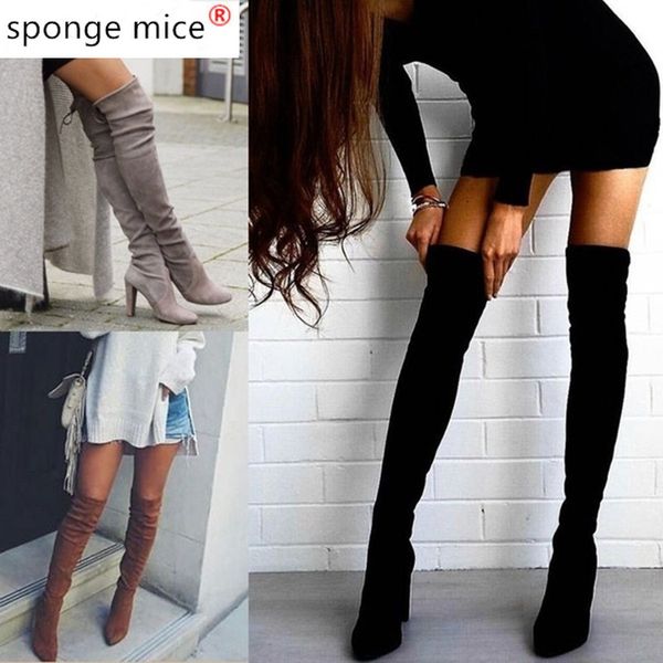 

2020 new flock leather women over the knee boots lace up high heels autumn woman shoes winter women boots size 35-43, Black