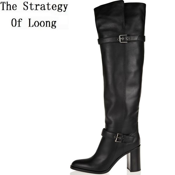 

boots women winter buckle genuine leather thick high heels real pointed toe over the knee long plus size eu 44 45, Black