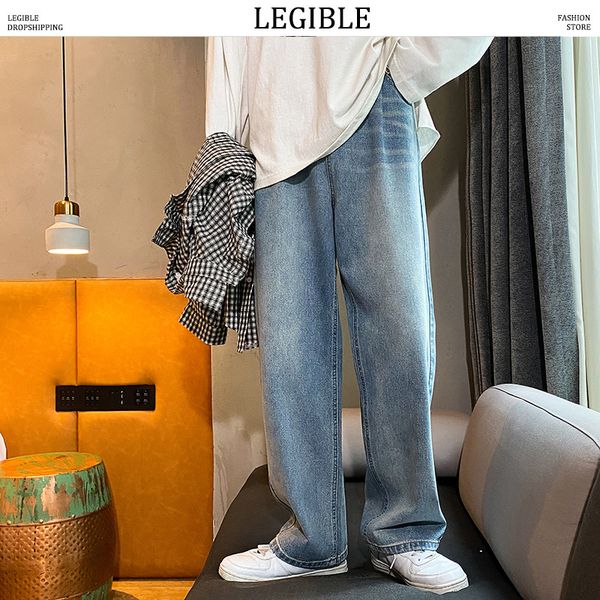 

разборчиво high street hip hop мужские джинсы 2020 wide leg jeans man сыпучие мода vintage мужчина джинсовые брюки одежда, Blue