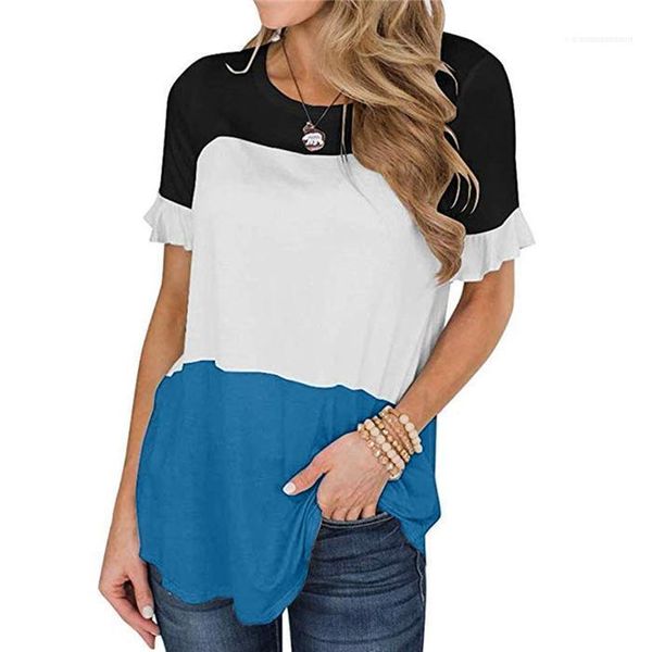 

ladies short sleeve patchwork color fashion womens tshirts casual crew neck flutter sleeve comfortable bteathable, White