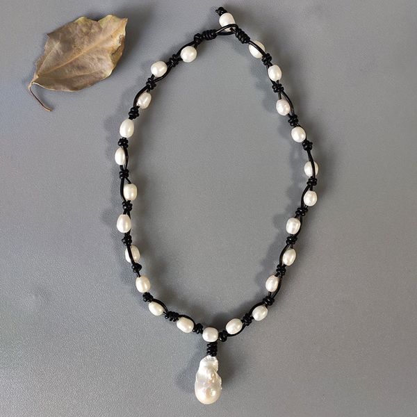 

fashion baroque style pearl pendant necklace black leather rope knotted handmade rope jewelry retro wild clothing accessories, Silver