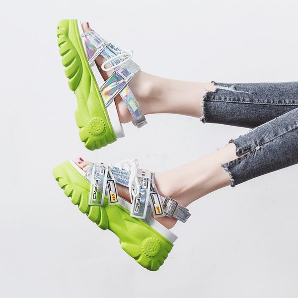 

fan 2020 new sports sandals women's fashionable super fire graffiti patent leather sandals thick bottom casual, Black