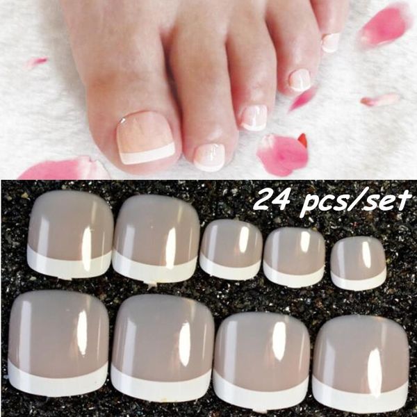 

false nails 24 pcs/set natural french toe fake white side diy gel nail art decoration tips for makeup manicure tool, Red;gold