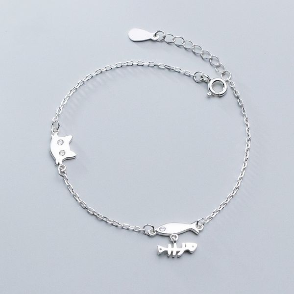 

s925 sterling silver color cute cartoon cat fish bone asymmetry bracelet for women girls daughter jewelry gift, Golden;silver