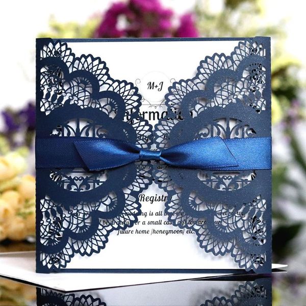 

10pcs/pack elegant laser cut wedding invitations card paper with ribbon envelopes square lace customize party wedding decoration