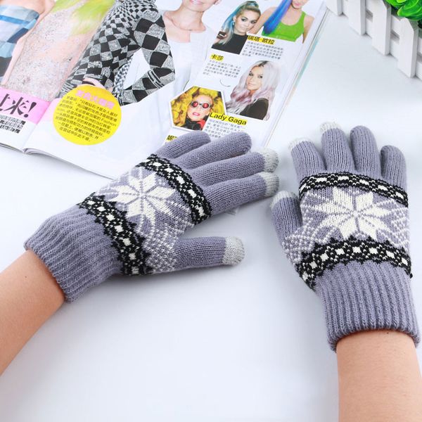 

five fingers gloves miya mona warm winter screen sense wool knitted wrist snowflake full finger mittens for women men, Blue;gray