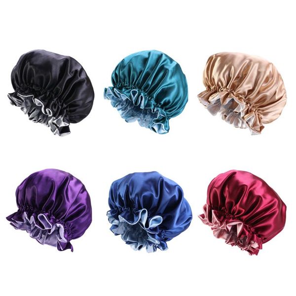 

women double layer satin sleep bonnet cap extra large solid color hair night hat 83xf, Blue;gray