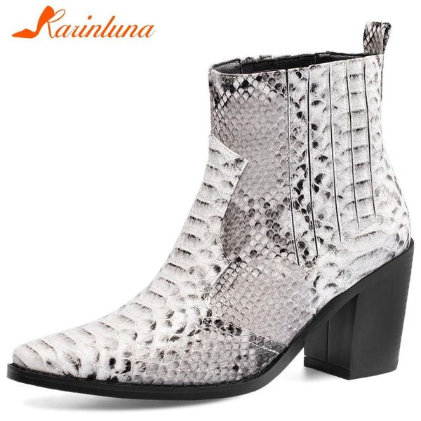 

karin big size 33-43 ladies genuine leather boots pointed toe thick high heels boots women 2020 fashion shoes woman, Black