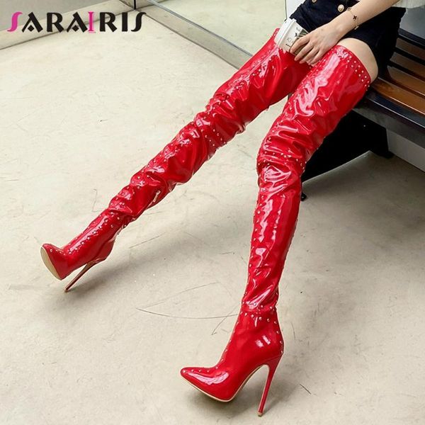 

sarairis plus size 33-48 female rivet boots over the knee boots women pointed toe thin high heels thigh high shoes woman, Black