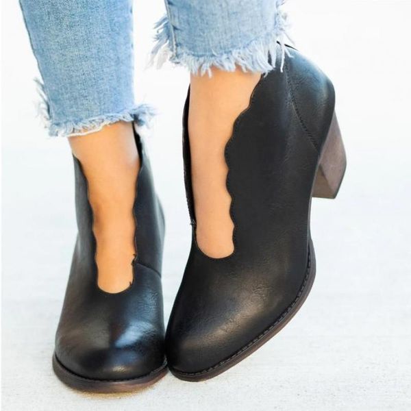 

2020 autumn women's boots fashion pu leather women ankle boots comfort retro footwear women warm square heel botas mujer, Black