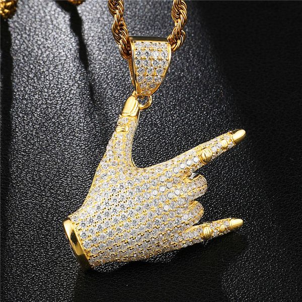 

pendant necklaces full cz zircon rock gesture necklace golden finger iced out hip hop jewelry for men dj rapper gift drop, Silver
