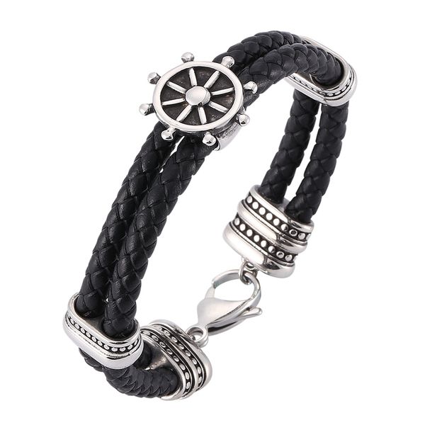 

charm bracelets fashion rudder black braided stainless steel double layer leather men jewelry gifts sp0176, Golden;silver