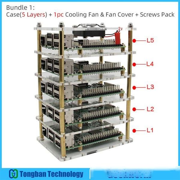

demo board accessories raspberry pi cluster case with fan kit, 1- 5 layer multi layer acrylic stack shell / enclosure for raspberry