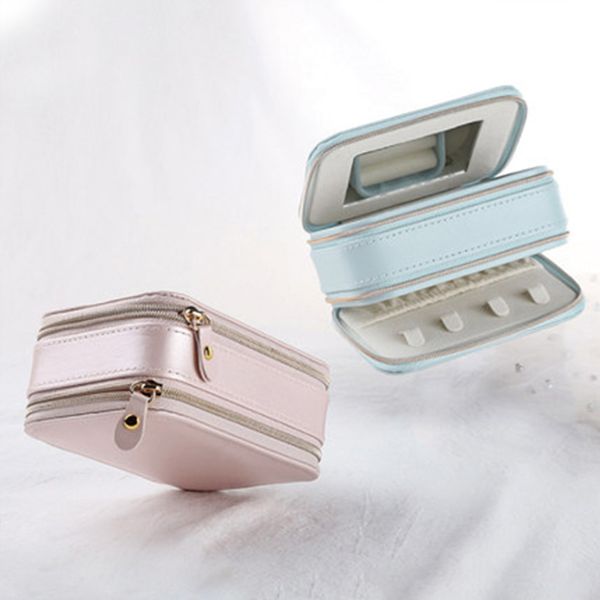 

jewelry organizer zippered jewelry box casket portable makeup storage multi-layer makeup organizer beauty travel box, Pink;blue