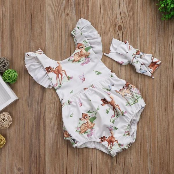 

2pcs/set cute summer newborn baby girls xmas clothes sleeve cartoon deer print tutu romper jumpsuit+headband outfits sunsuit, White
