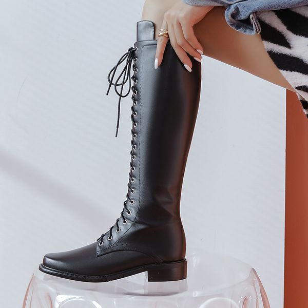 

cross tied chunky heels shoes woman concise motorcycle boots platform retro genuine leather office lady knee high boots, Black