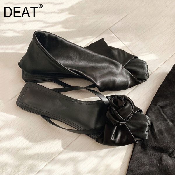 

deat] 2020 new spring summer square toe shallow black silk pleated retro flat sandals for women shoes fashion tide 10g826