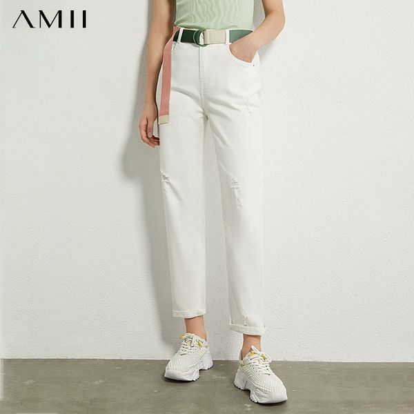 

amii minimalism autumn women jeans fashion high waist solid ripped jeans causal ankel-length female 12070274, Blue