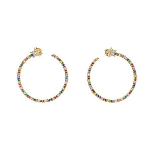 

25mm micro pave cz fashion women rhinestone circle star dangle drop hoop ear stud earrings jewelry, Golden;silver