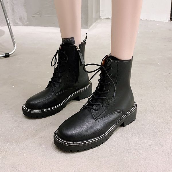 

boots 2021 winter motocyle women platform fur leather zipper ankle high waterproof dr snow boot shoes, Black