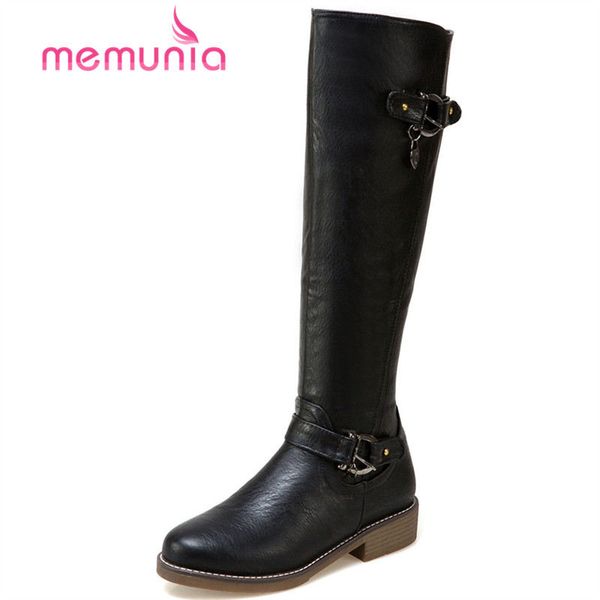 

memunia new arrive 2020 autumn winter short plush boots simple med heel knee high boots pu leather size 33-44, Black